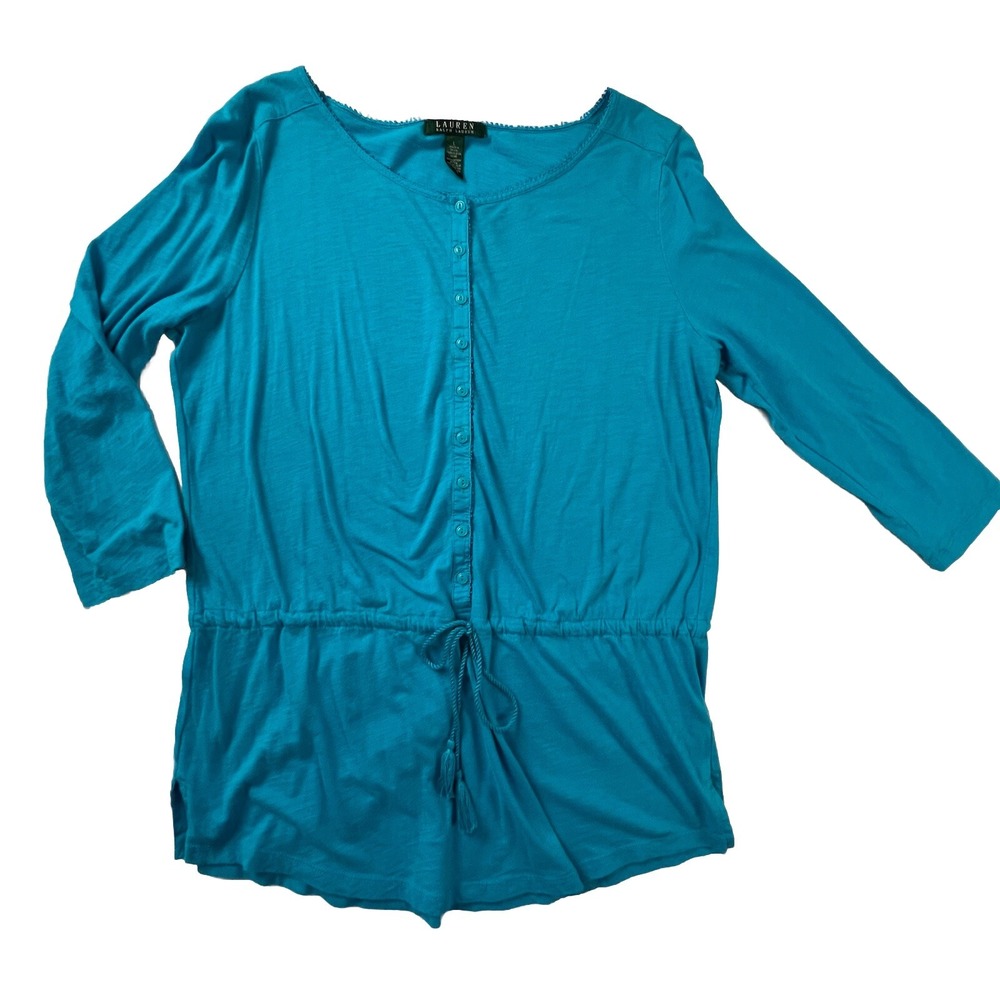 Lauren Ralph Lauren Knit Top Women Large Blue Drawstring Waist Tassel 3/4 Sleeve